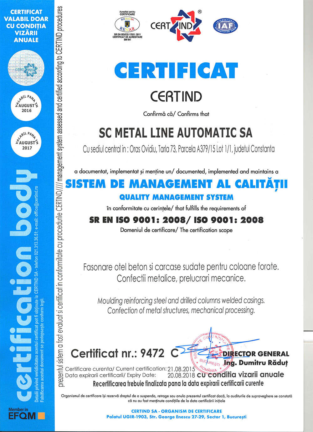 Certificat ISO Metal Line Automatic