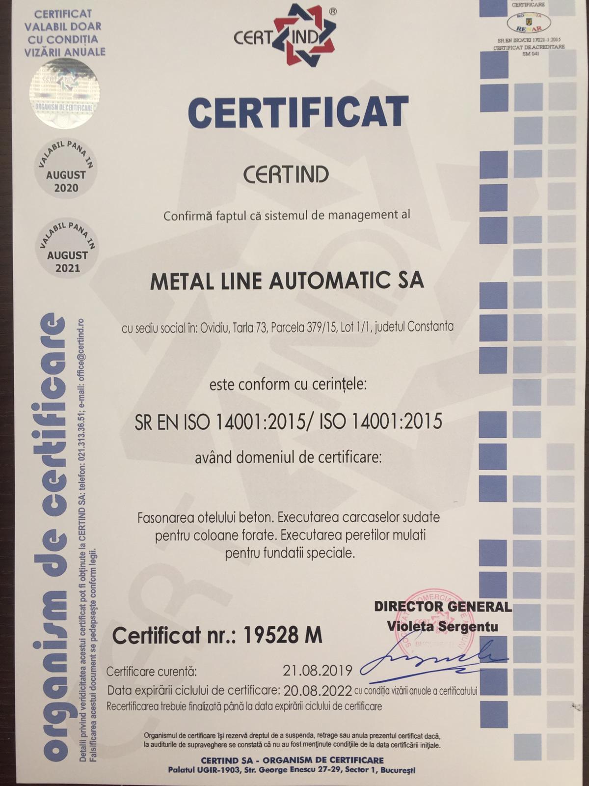 Certificat ISO Metal Line Automatic