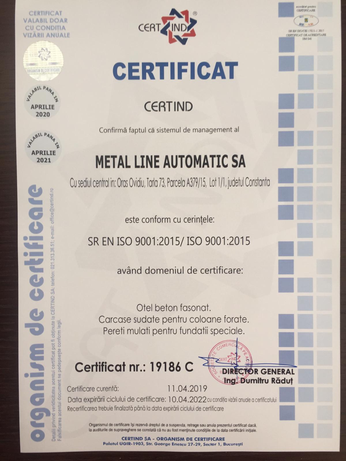 Certificat ISO Metal Line Automatic